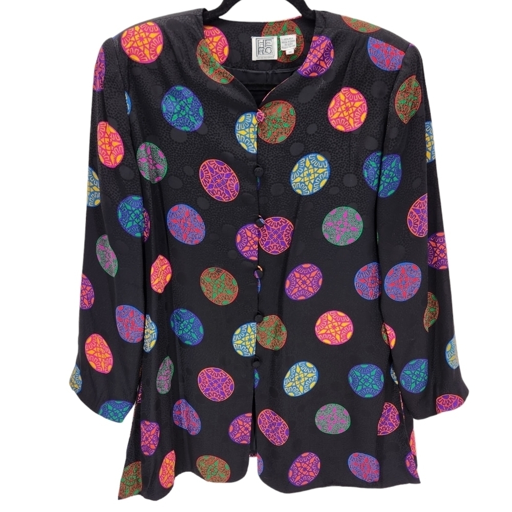 Vintage HERO 100% Silk Blazer Bright Spheres Pattern Colorful Womens Size 14